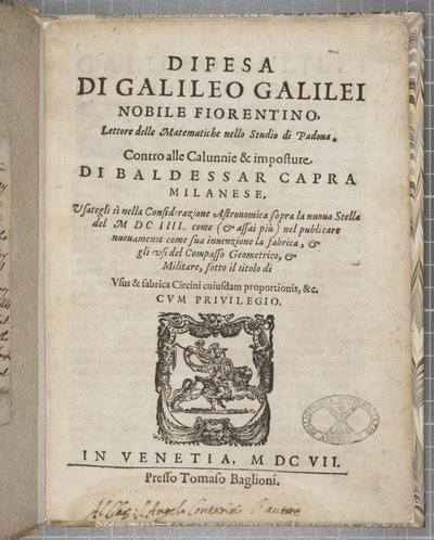 Title Page of Difesa, by Galileo, 1607 by Italian School